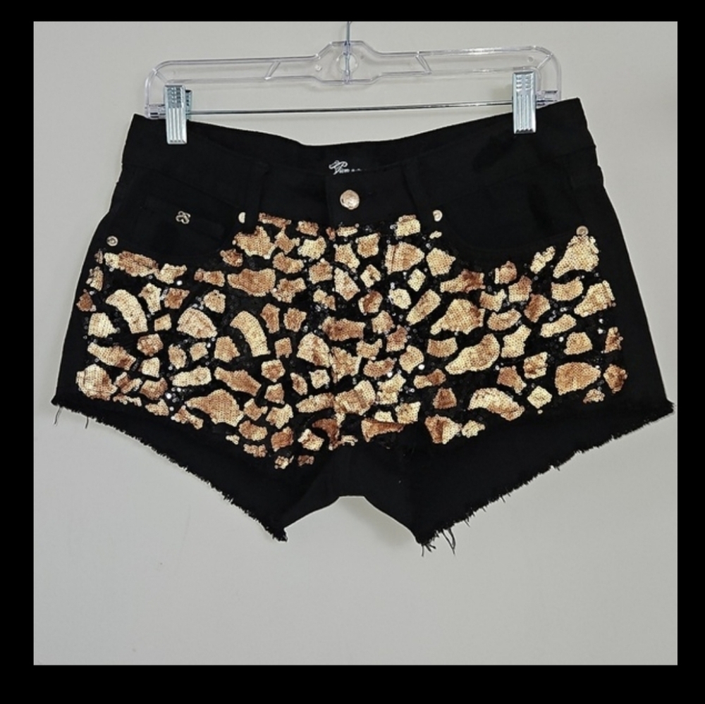 Boutique Black Sequined Abstract Animal Print Shorts Glam Party Size M